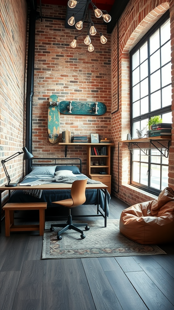 A stylish teen boy bedroom featuring industrial design with exposed brick walls, a bed, a desk, and a skateboard on display.