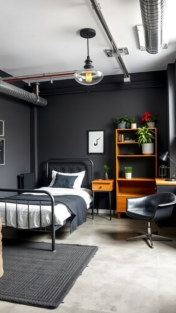 A stylish industrial loft room featuring a black metal bed, wooden furniture, and plants.