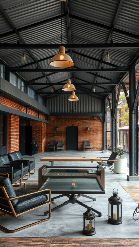 Industrial style covered patio with exposed beams, brick walls, and stylish seating.