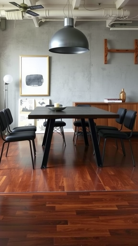 Industrial mid century modern dining room featuring a black table, black chairs, pendant light, and concrete walls.