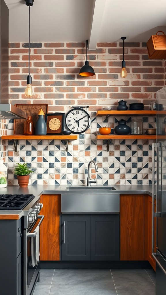 An industrial mid-century modern kitchen featuring a brick wall, geometric tile backsplash, open shelving, and wooden cabinetry.