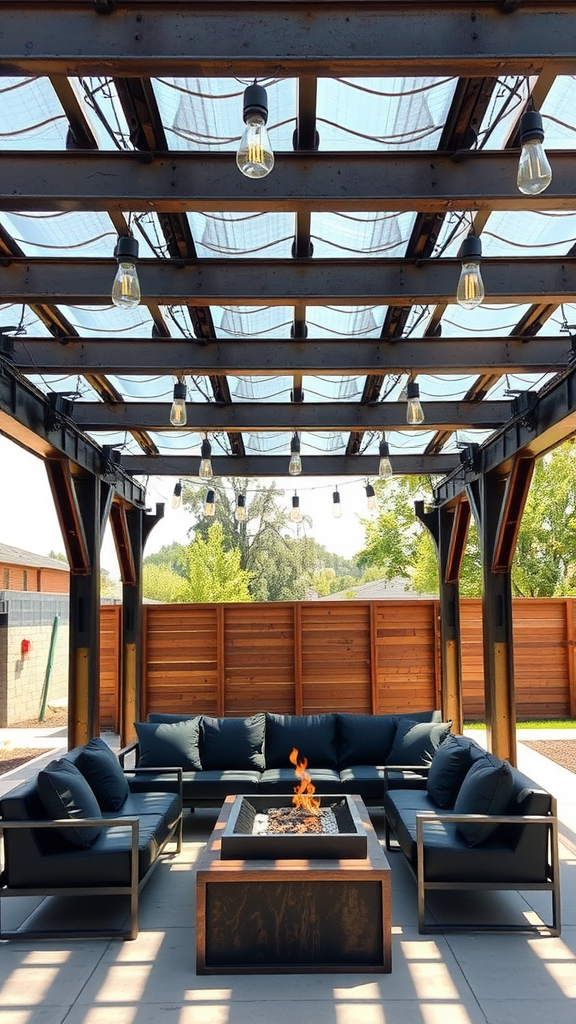 An industrial-style pergola with exposed metal beams and cozy seating around a fire pit.