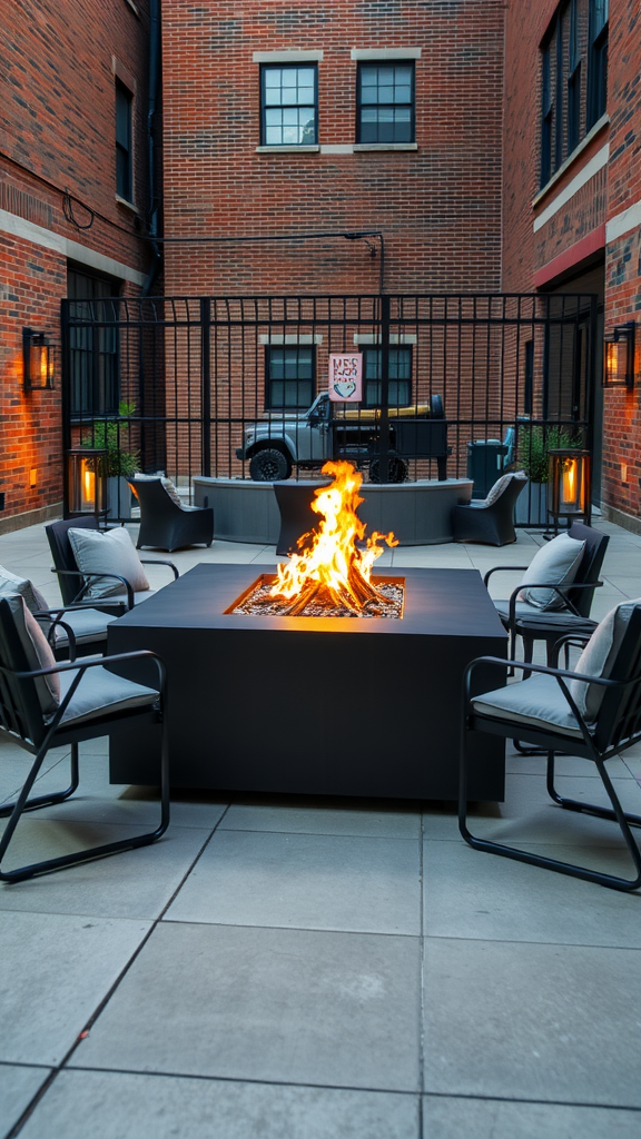 A modern industrial steel patio fire pit surrounded by chairs in an outdoor setting.