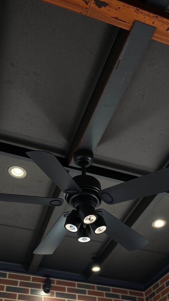 Industrial style ceiling with a black fan and exposed beams.