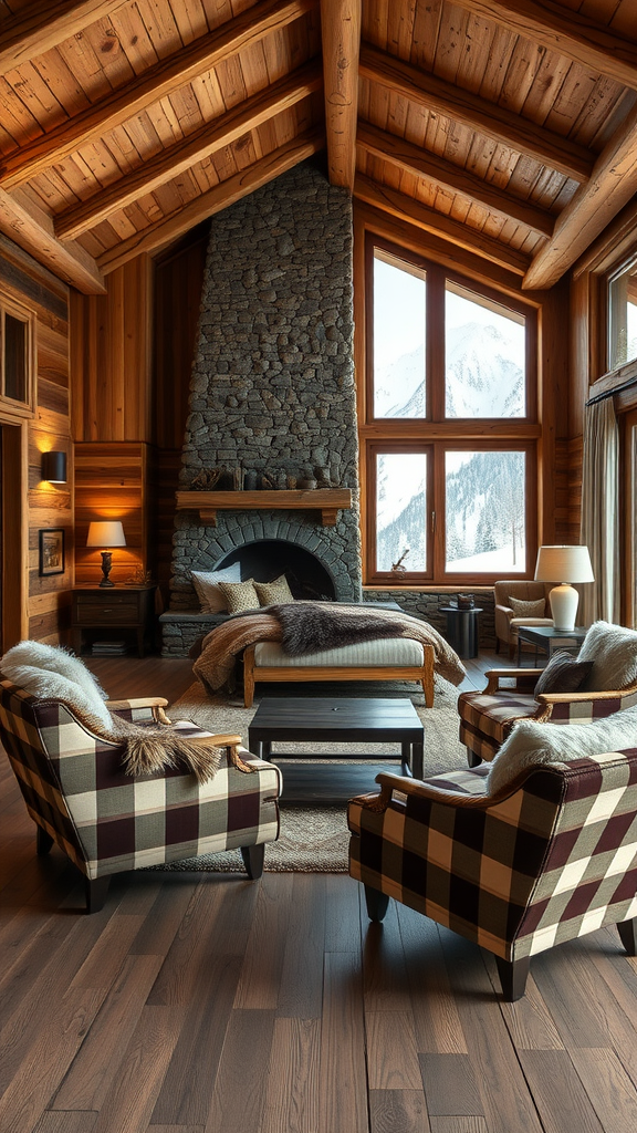 Cozy Italian Alpine retreat featuring wooden beams, large windows with mountain views, rustic fireplace, and stylish furniture.