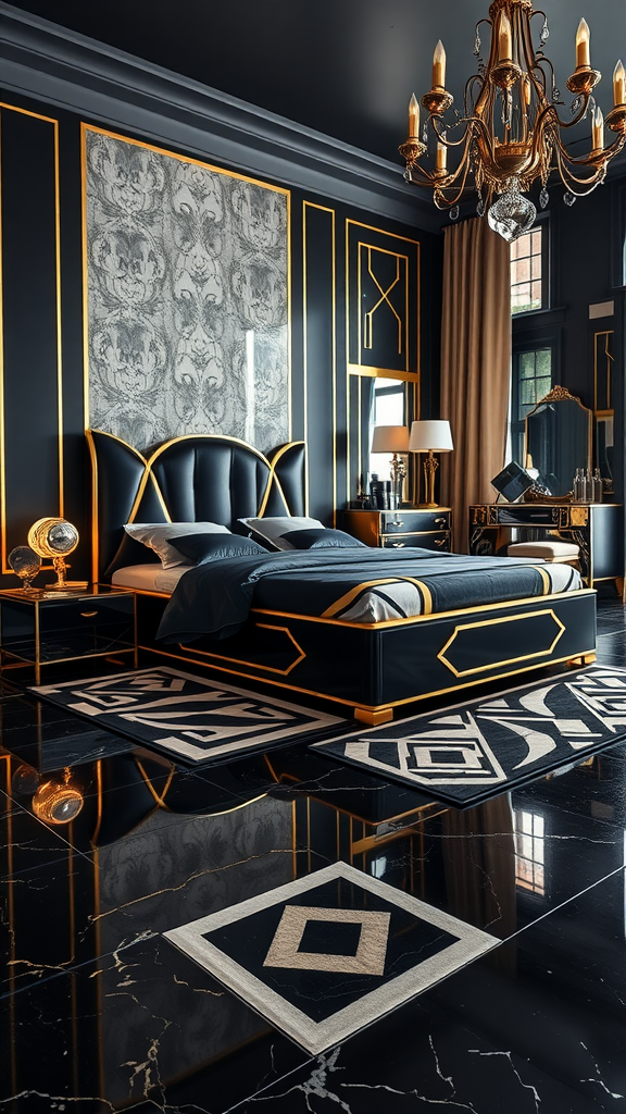 An Italian Art Deco bedroom featuring black walls, golden accents, and a luxurious bed.