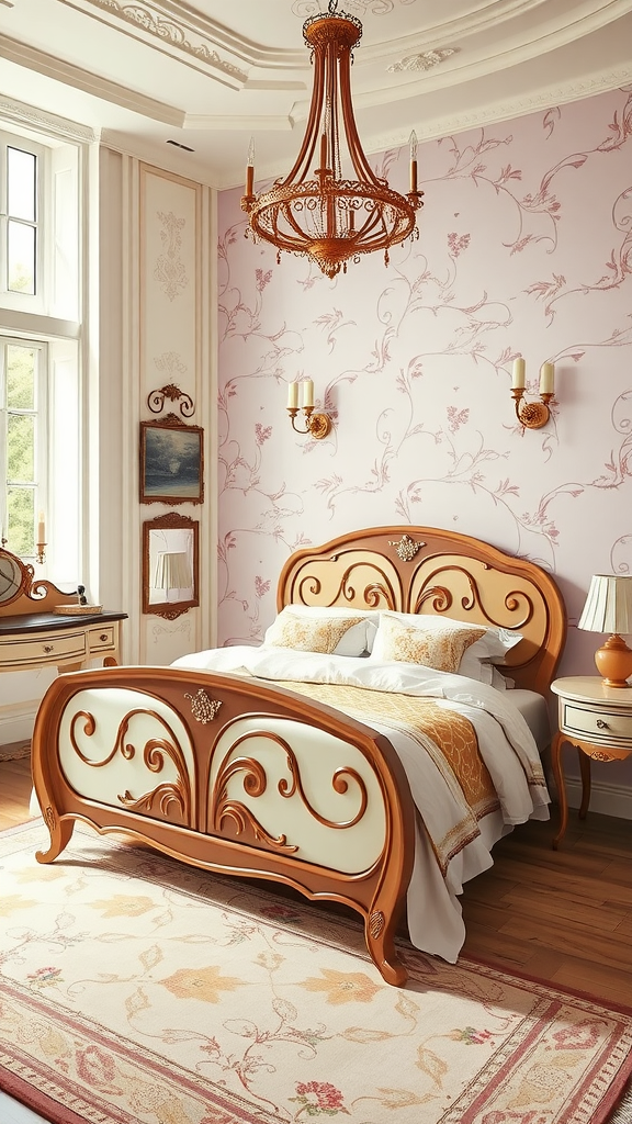 A beautifully designed Italian Art Nouveau bedroom with elegant furniture and soft pink wallpaper.