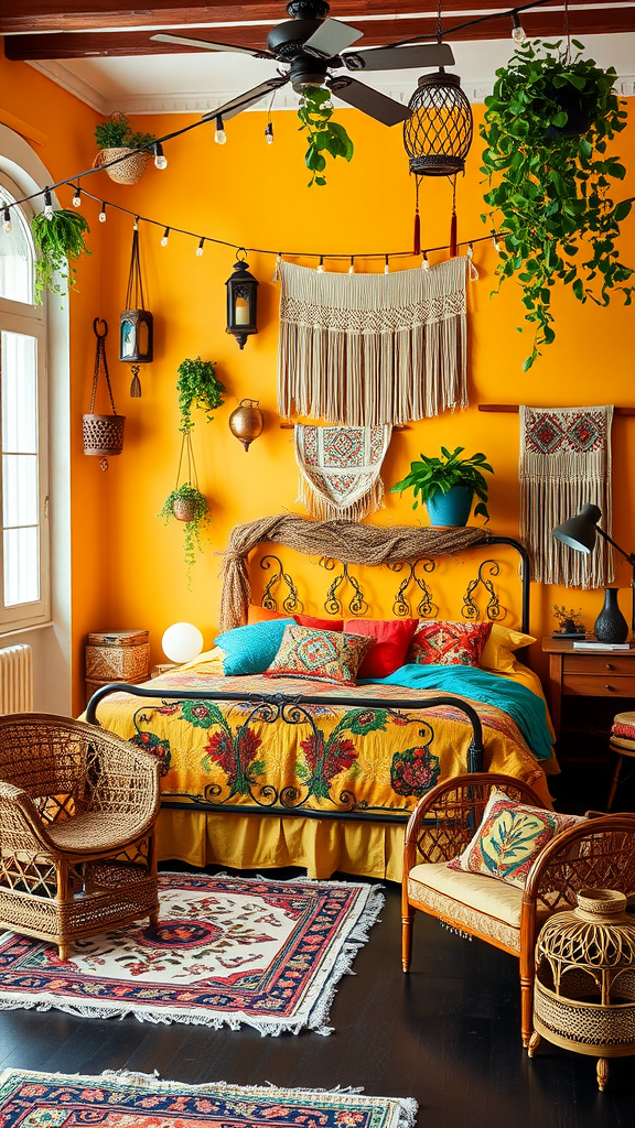 A vibrant Italian bedroom featuring an orange wall, a colorful bedspread, rattan furniture, and hanging plants.