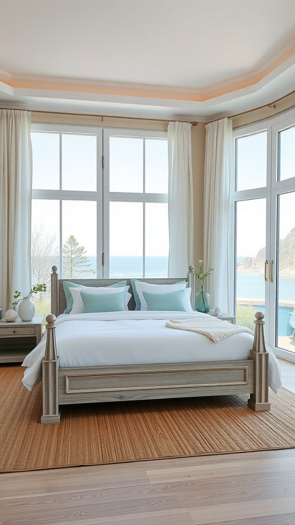 A serene Italian coastal bedroom with large windows, a wooden bed frame, and light decor.