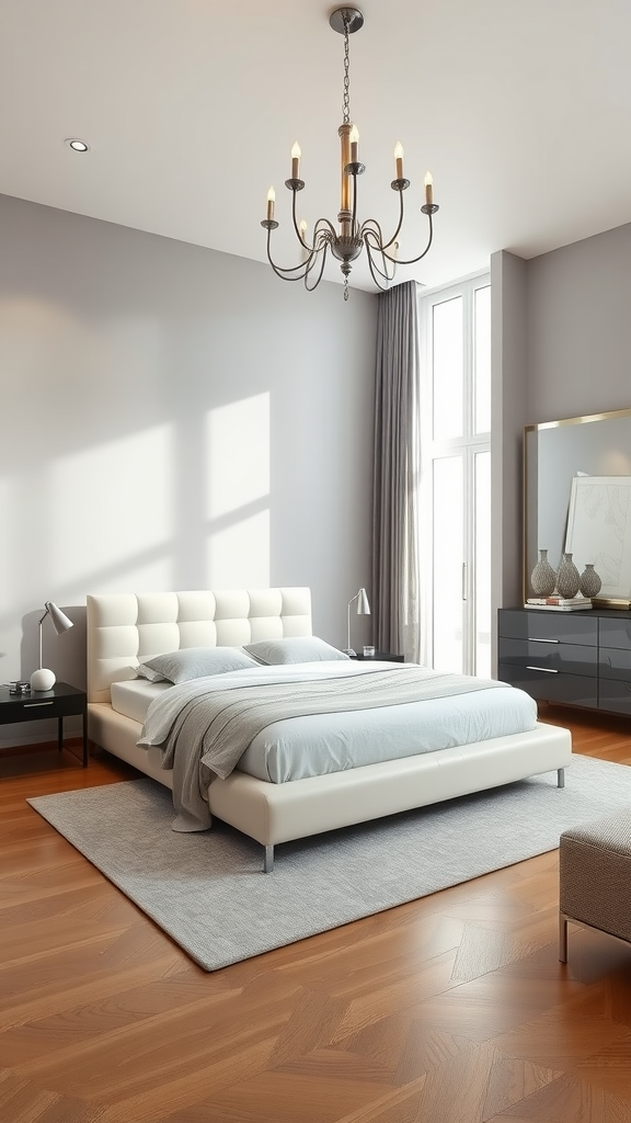 A modern Italian bedroom featuring a plush bed, elegant chandelier, and large windows.