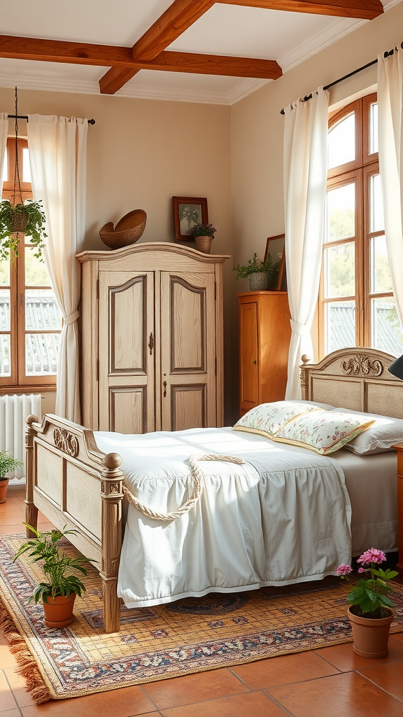 A cozy Italian country bedroom featuring a wooden bed, wardrobe, and large windows with soft curtains.