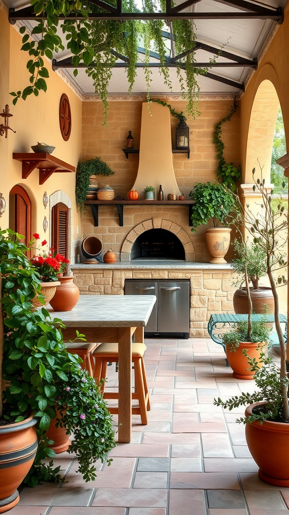 Outdoor kitchen patio with plants and a pizza oven in an Italian style