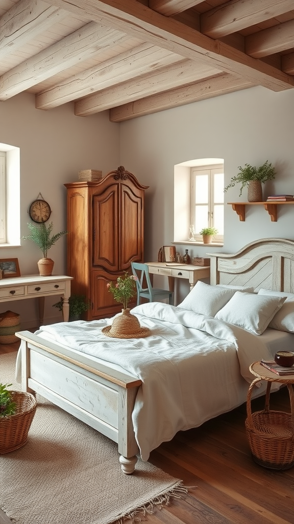 Cozy Italian farmhouse bedroom with wooden beams, a white bed, vintage furniture, and plants.