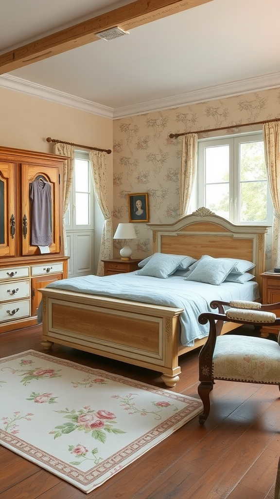 A cozy Italian farmhouse bedroom with wooden furniture, soft blue bedding, and floral accents.