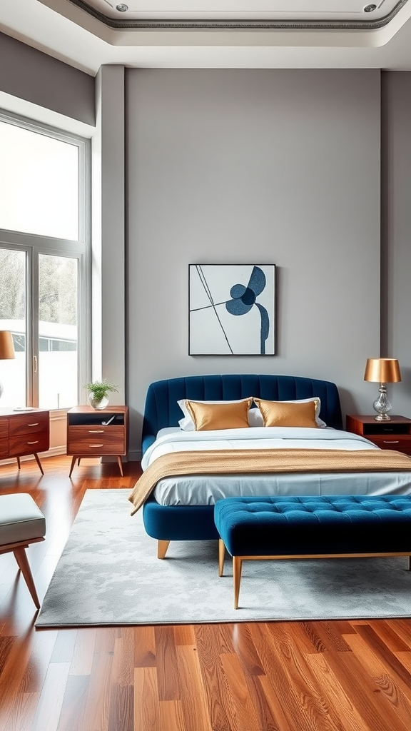 A stylish bedroom featuring a blue bed, wooden furniture, and soft natural light.