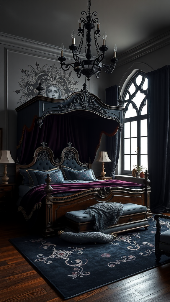 Italian Gothic bedroom with a four-poster bed, chandelier, and ornate decor