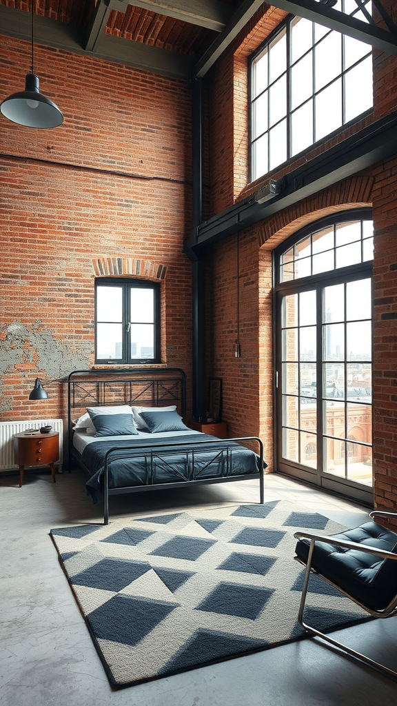 A stylish industrial loft bedroom featuring exposed brick walls, large windows, a metal bed frame, and a geometric rug.