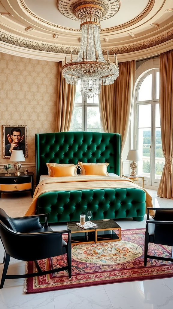 Luxurious Italian bedroom with a green velvet bed, chandelier, and elegant decor