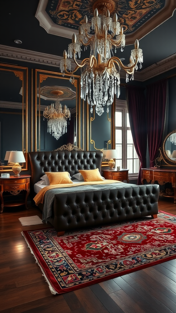 An Italian luxury bedroom featuring a tufted bed, elegant chandelier, and ornate decor.