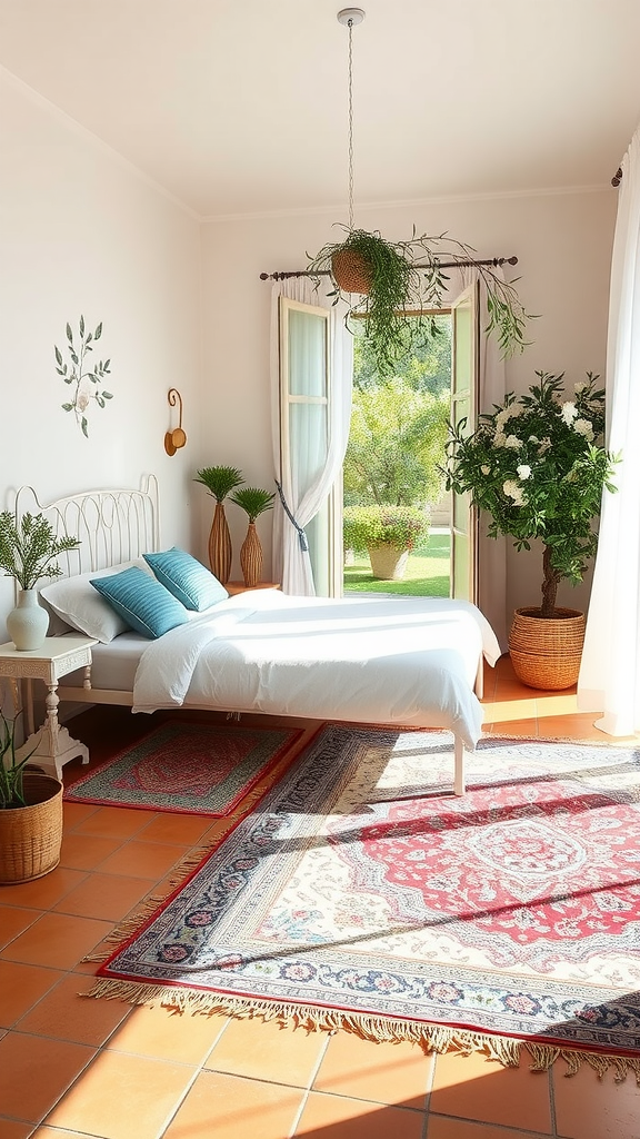 Bright and airy Italian bedroom with plants, large windows, and colorful rugs