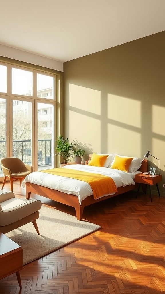 A bright and cozy mid-century modern bedroom featuring large windows, wooden flooring, and a stylish bed with orange accents.