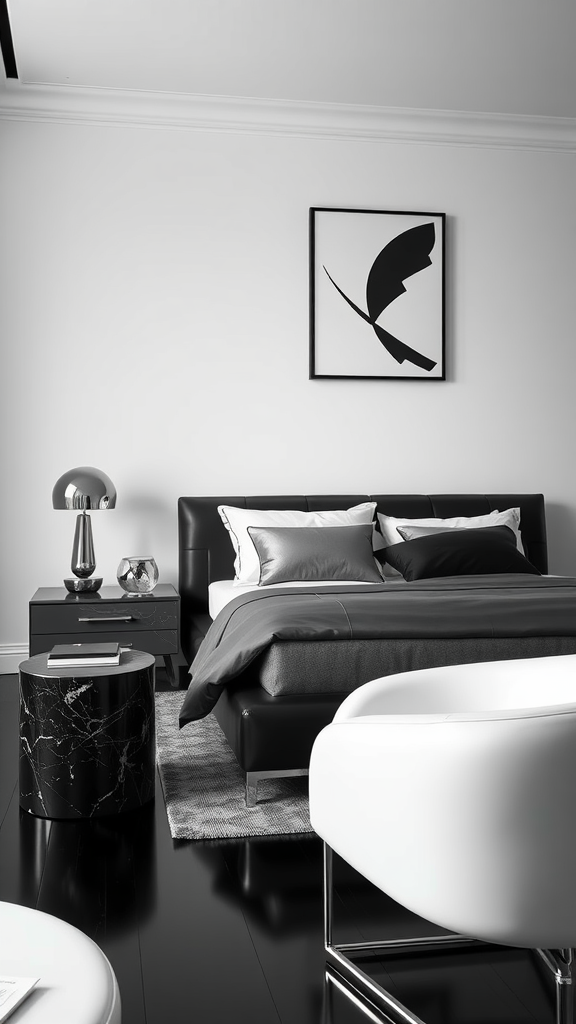 Stylish Italian monochrome bedroom with black and white decor