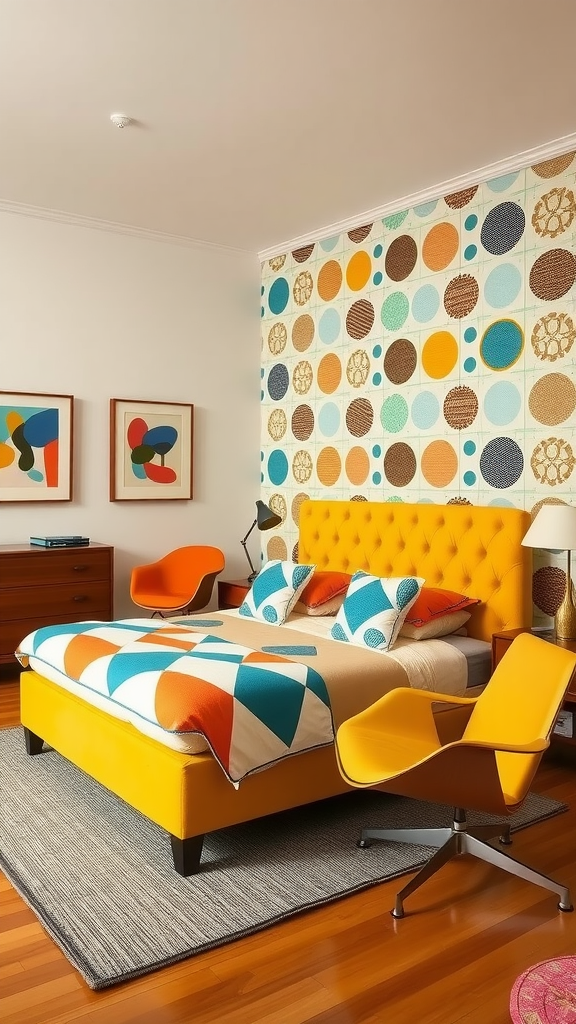 A vibrant and stylish Italian bedroom featuring a yellow bed, colorful patterned pillows, and retro wall design.