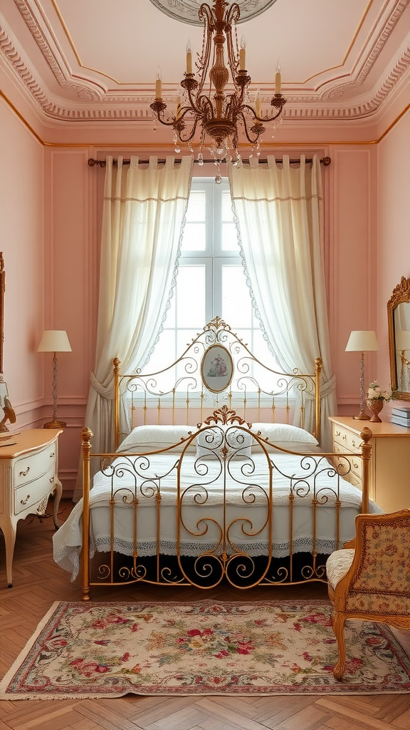 Interior of a romantic Italian bedroom featuring a wrought iron bed, elegant chandelier, and soft pink walls.