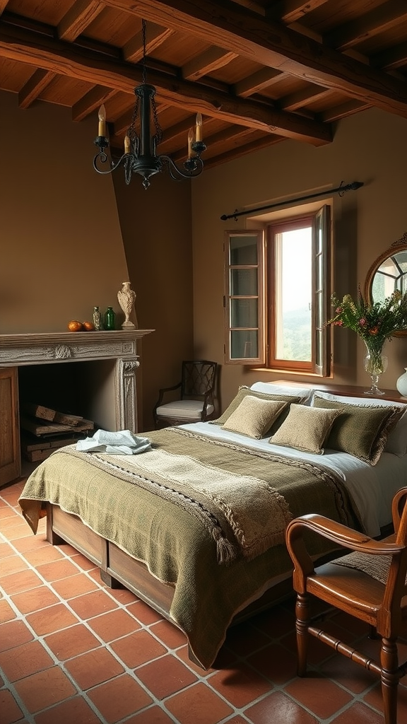 A rustic Italian bedroom featuring wooden beams, terracotta flooring, and cozy bedding.