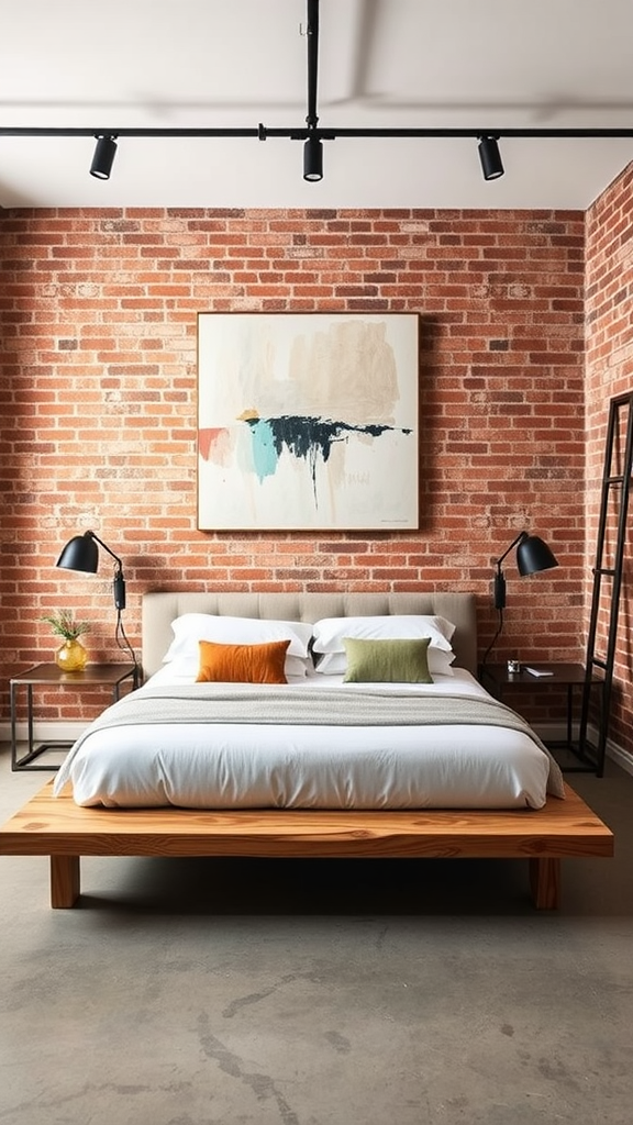 A modern bedroom in an Italian urban loft with exposed brick walls and stylish decor.