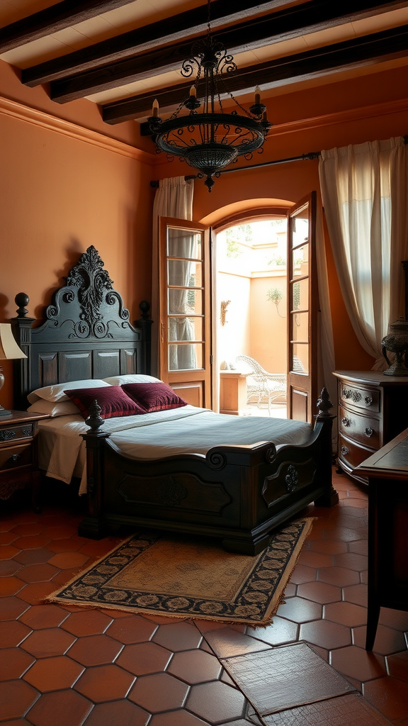 Italian bedroom with terracotta walls, ornate wooden bed, and open window