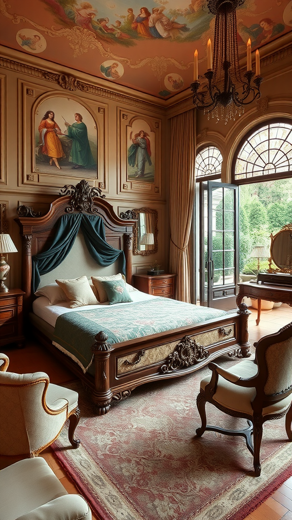 Luxurious Italian villa master bedroom with ornate wooden bed, frescoed ceiling, and elegant decor.