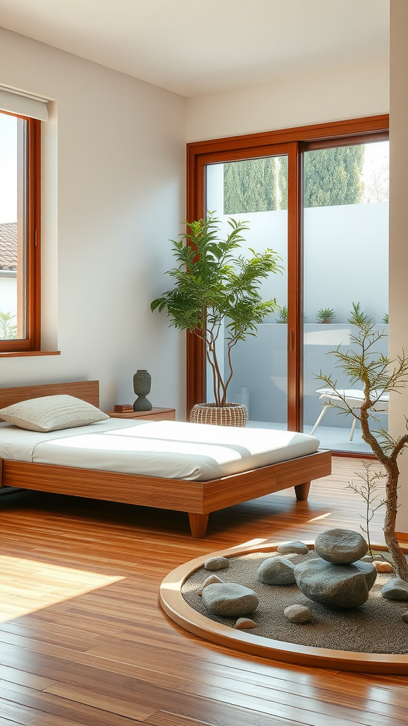 A serene Italian bedroom featuring a wooden bed, large windows, plants, and a stone garden.