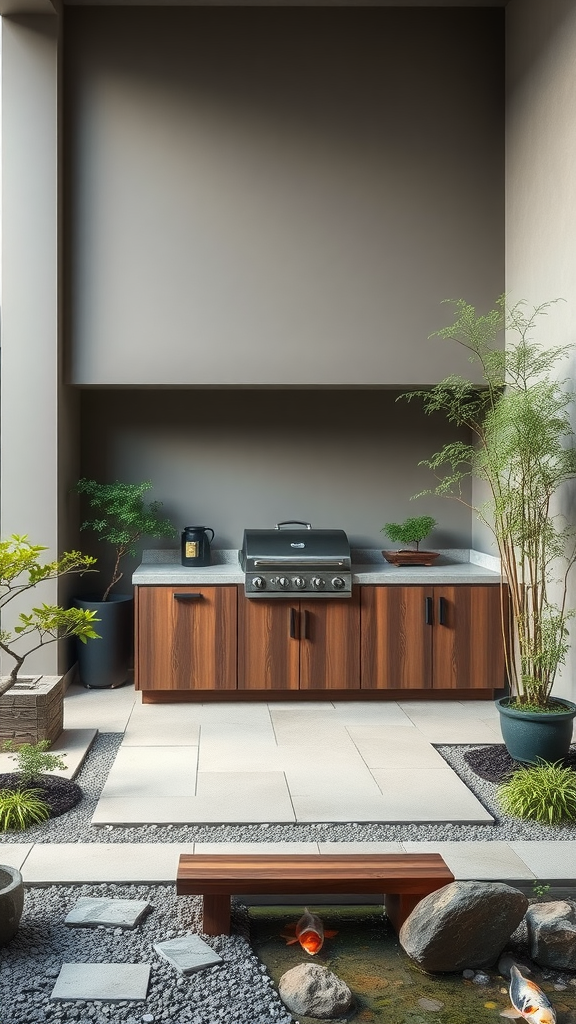 A modern outdoor kitchen patio in a Japanese Zen garden style featuring a barbecue grill, wooden cabinetry, plants, and a koi pond.