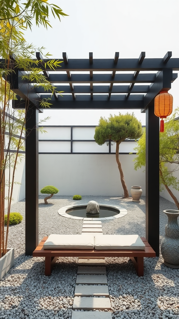 A modern Japanese Zen garden with a pergola, stone path, and serene water feature.