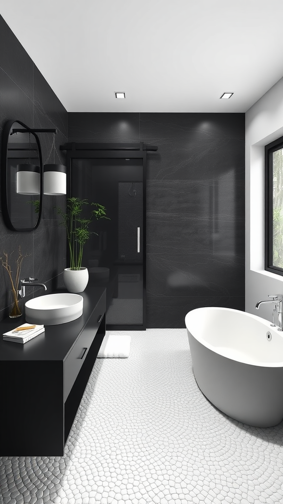 A modern bathroom featuring Japanese Zen minimalism with black walls, white bathtub and sink, and a bamboo plant.