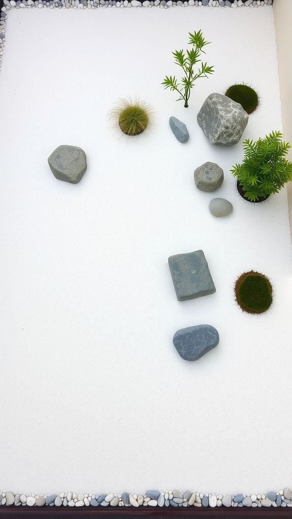 A minimal Japanese Zen rock garden featuring various stones arranged on a white surface with patches of green moss.