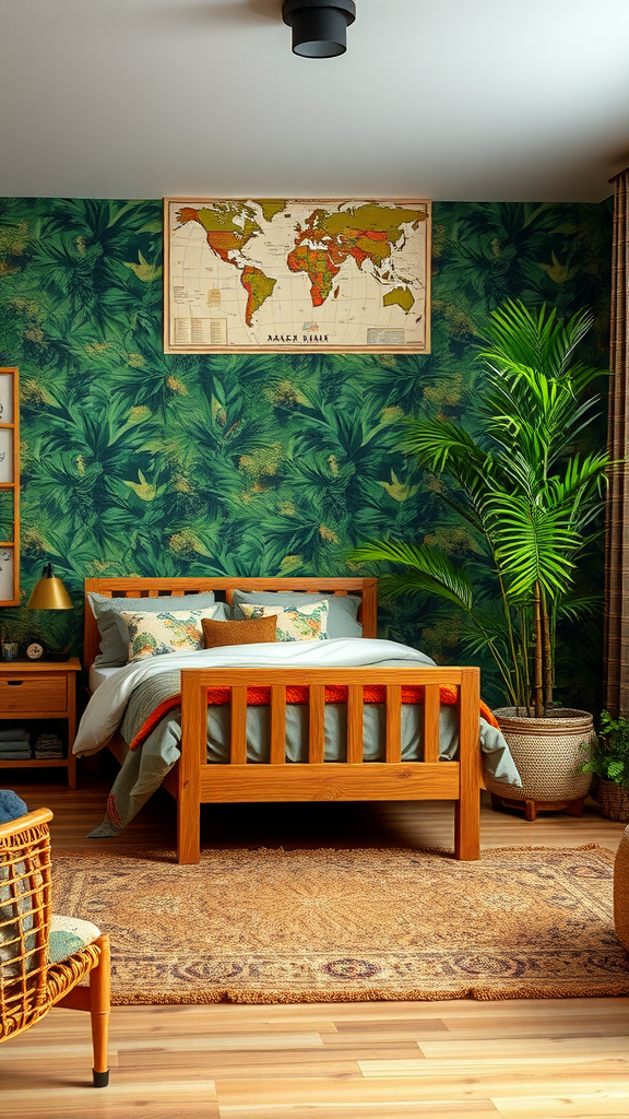 A jungle safari themed bedroom featuring tropical leaf wallpaper, a wooden bed, a world map, and potted plants.