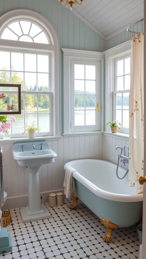 A stylish lake house cottage bathroom featuring a clawfoot tub, pedestal sink, and large windows with a lake view.