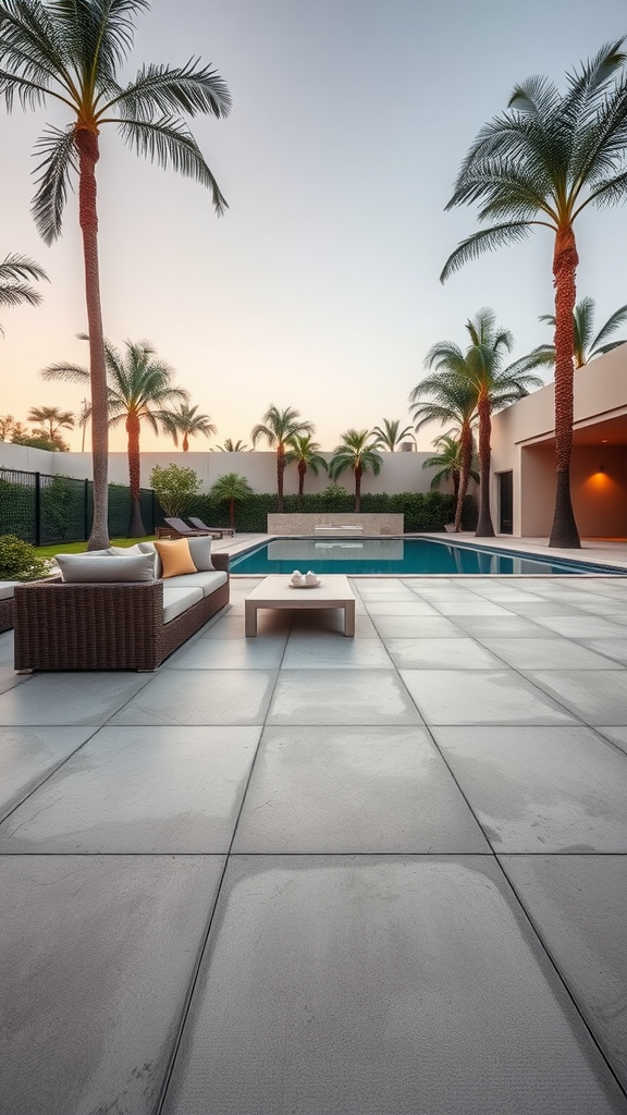 Large concrete patio with a poolside lounge area featuring palm trees and sunset lighting.