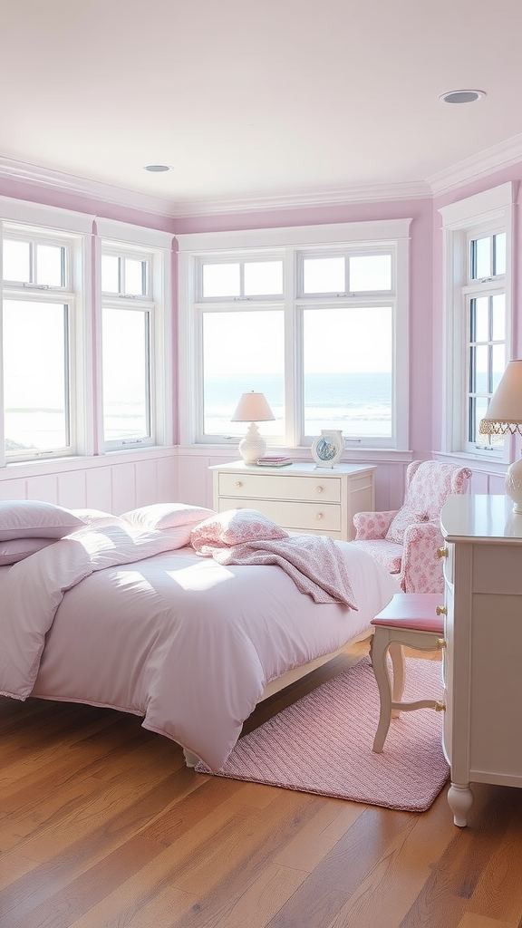 A spacious coastal bedroom decorated in lavender pink with large windows showing ocean views.