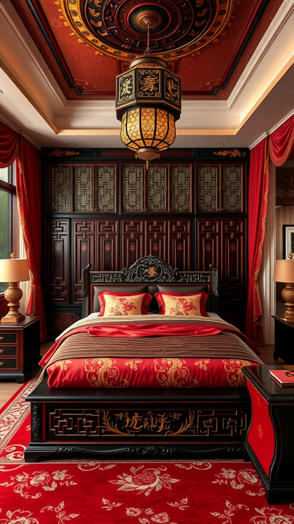 A lavish Oriental Imperial bedroom featuring rich red and gold decor, intricately designed furniture, and elegant lighting.