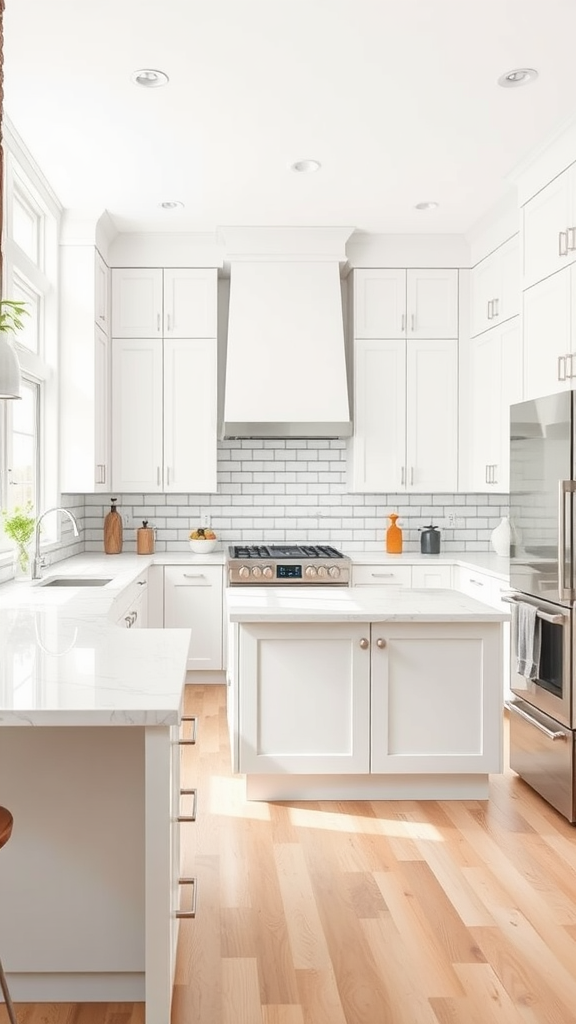 Light and bright mid-century kitchen featuring white cabinets, modern appliances, and warm wooden flooring.