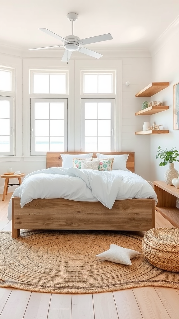 A light and airy coastal bedroom with large windows, a wooden bed frame, and natural decor.