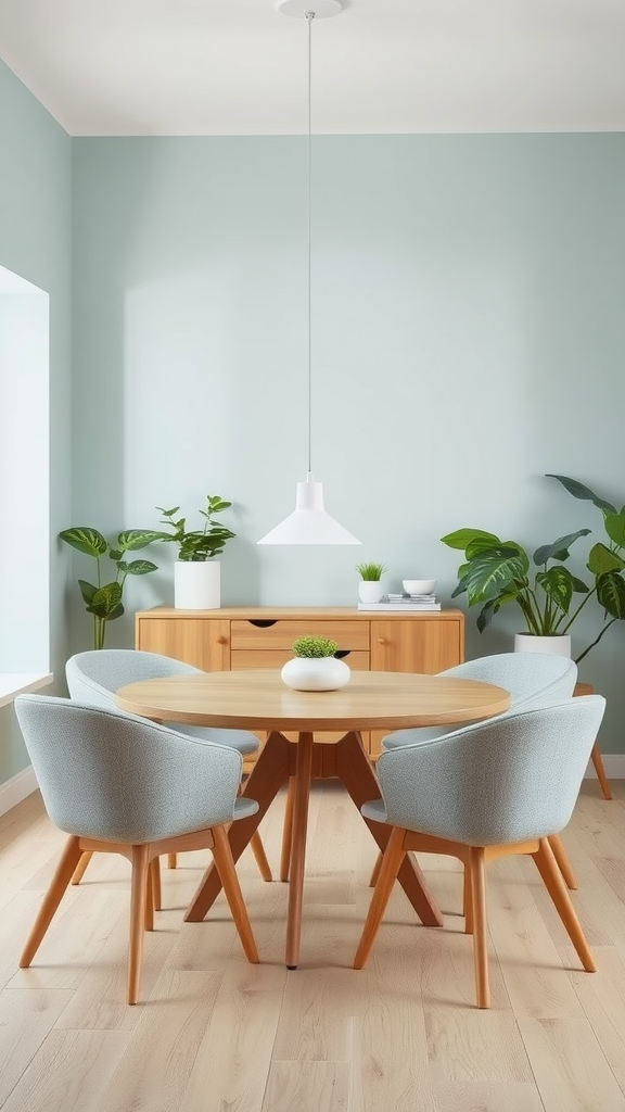 Light and airy mid-century modern dining room with a round wooden table, light blue walls, and green plants.