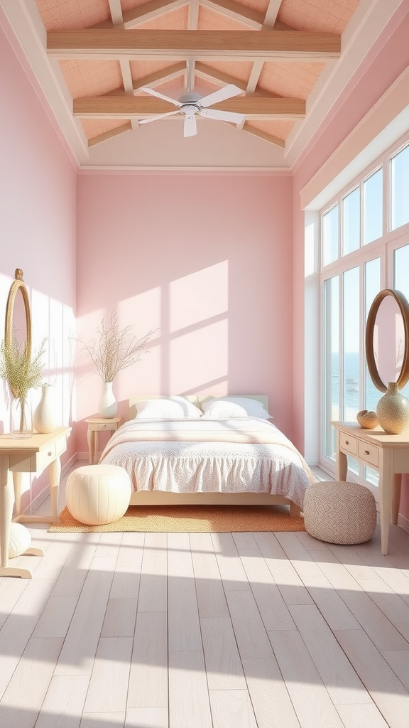 A beautifully designed coastal bedroom featuring light pink walls, large windows with ocean views, and soft bedding.