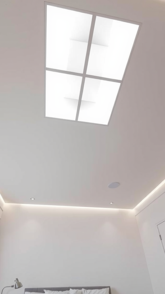 Modern bedroom ceiling featuring lightbox panels and backlit lighting.