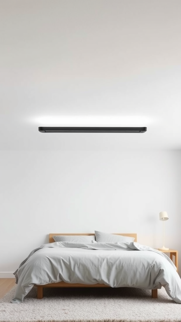 A modern bedroom featuring a linear LED ceiling light above a neatly made bed.