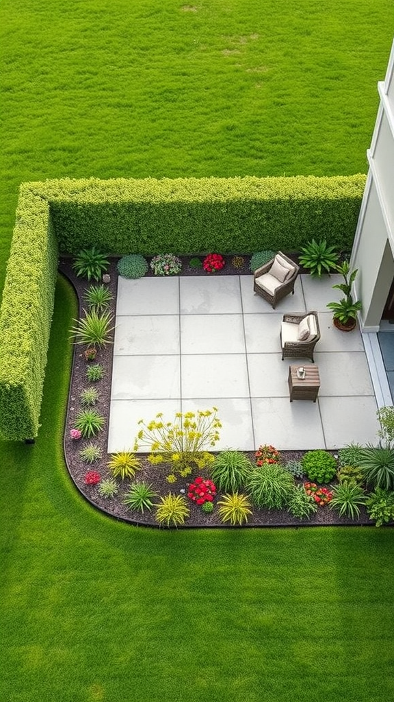 A view of a lush green concrete patio with garden borders, featuring smooth concrete slabs, vibrant flowers, and comfortable seating.