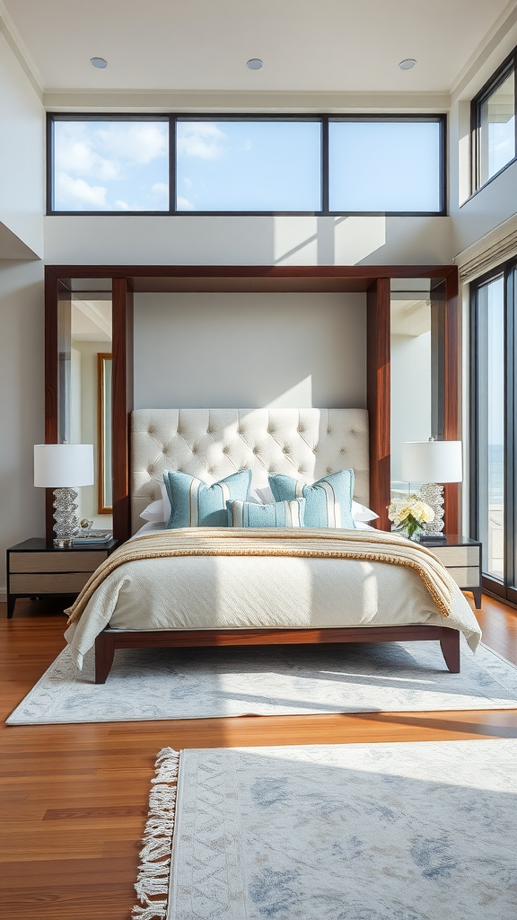 A luxurious coastal bedroom with large windows, a plush bed, and elegant decor.